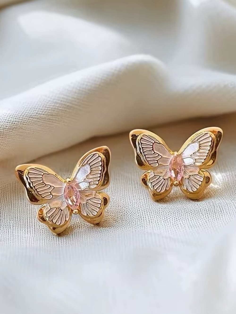 Gold Butterfly Stud Earrings with Pink Accent